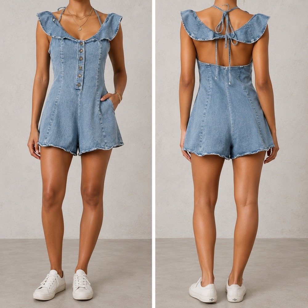 Umgee‎ Denim Romper Medium Light Wash Ruffle Button Front Strappy Back Shorts